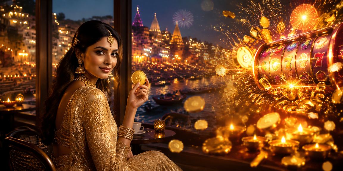 Traditional Indian setting with slot game on mobile